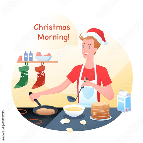 Vector illustration of guy is cooking pancakes in Christmas hat, Winter holidays at home. Christmas morning routine.