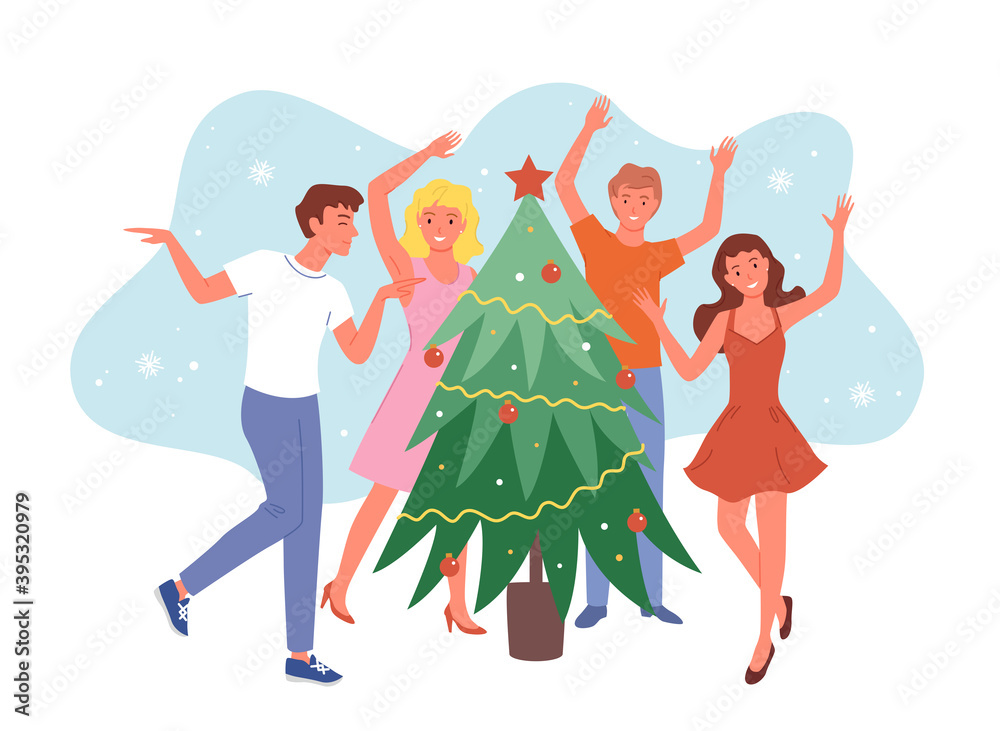 Happy friends dancing near Christmas tree, funny Christmas party at home, pretty girls and guys celebrating New year together. Happy friends dancing near Christmas tree, funny Christmas party at home, pretty girls and guys celebrating New year together.