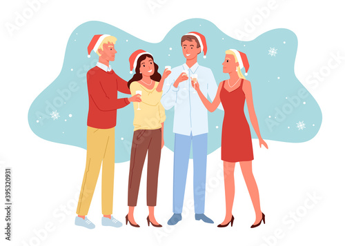 Vector illustration of friends celebrating New year together, young girls and guys having fun together, christmas party, drink champagne in Christmas hats.