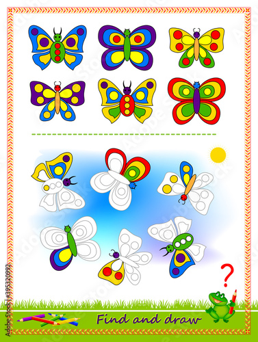 Educational game for kids. Find the butterflies and draw them by example. Printable worksheet for children school textbook. Developing coloring and drawing skills. Baby coloring book. Play online.