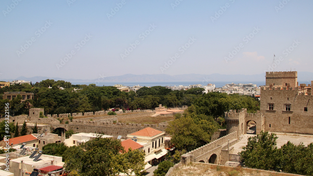 Old town of Rhodes panoramic view from Roloi Clock Tower, Old Town of Rhode. Rhodes, Greece