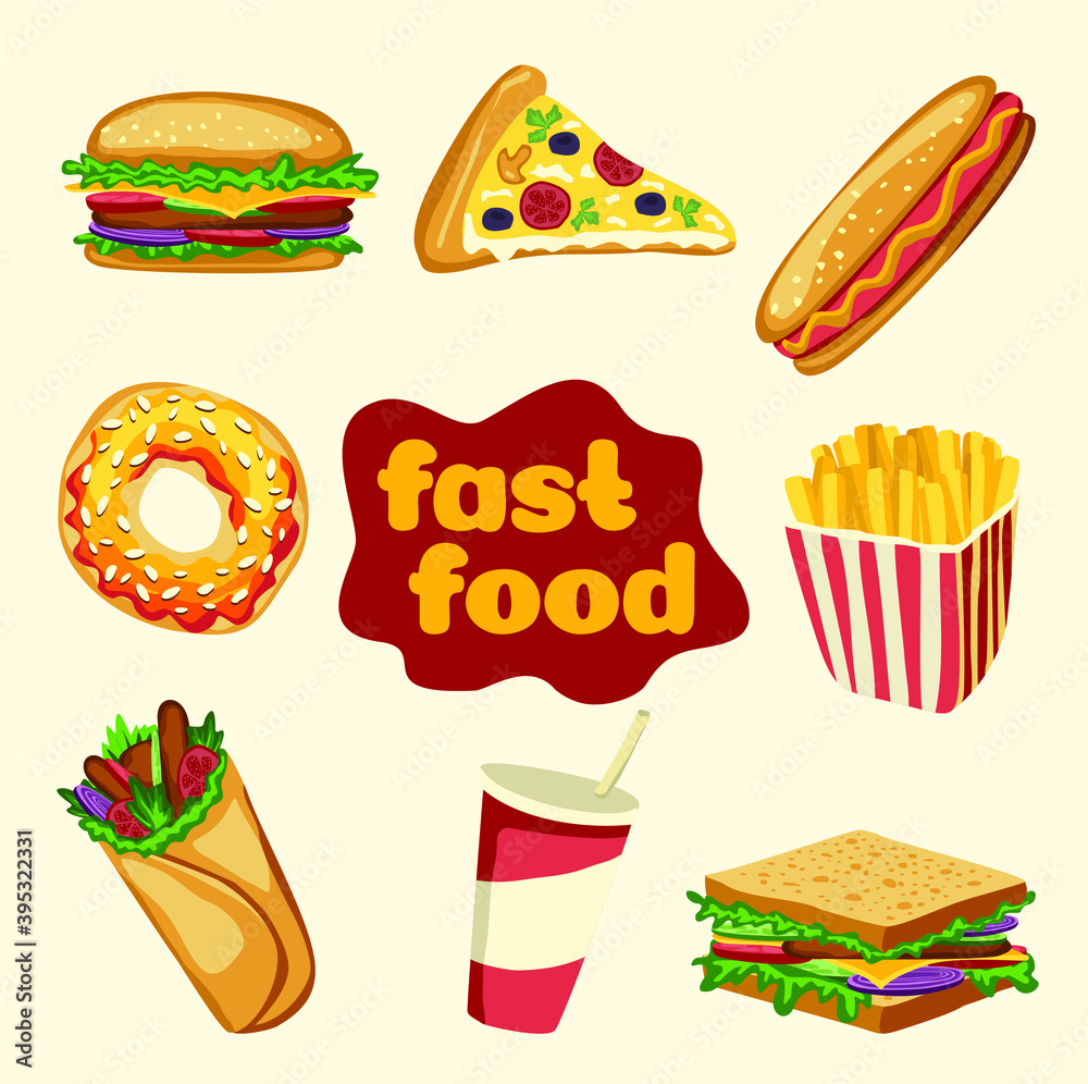 Vector set
 with hand drawn
 flat elements of fast food. Hamburgers, cheeseburgers, roll, sandwich, fries, pizza, donut, muffin, chicken, tomatoes, onions, cucumbers and meat. Harmful, unhealthy diet