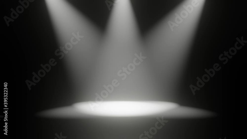 Stage lights 3d rendering animation. Three white bright stage lights pointing in middle with different sizes. Empty stage. 