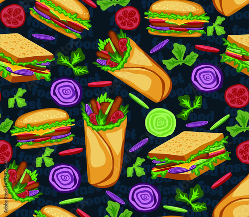 Vector seamless pattern with fast food food items. Hamburgers, cheeseburgers, roll, sandwich, fries, pizza, donut, muffin, chicken, tomatoes, onions, cucumbers and meat. Harmful, unhealthy diet