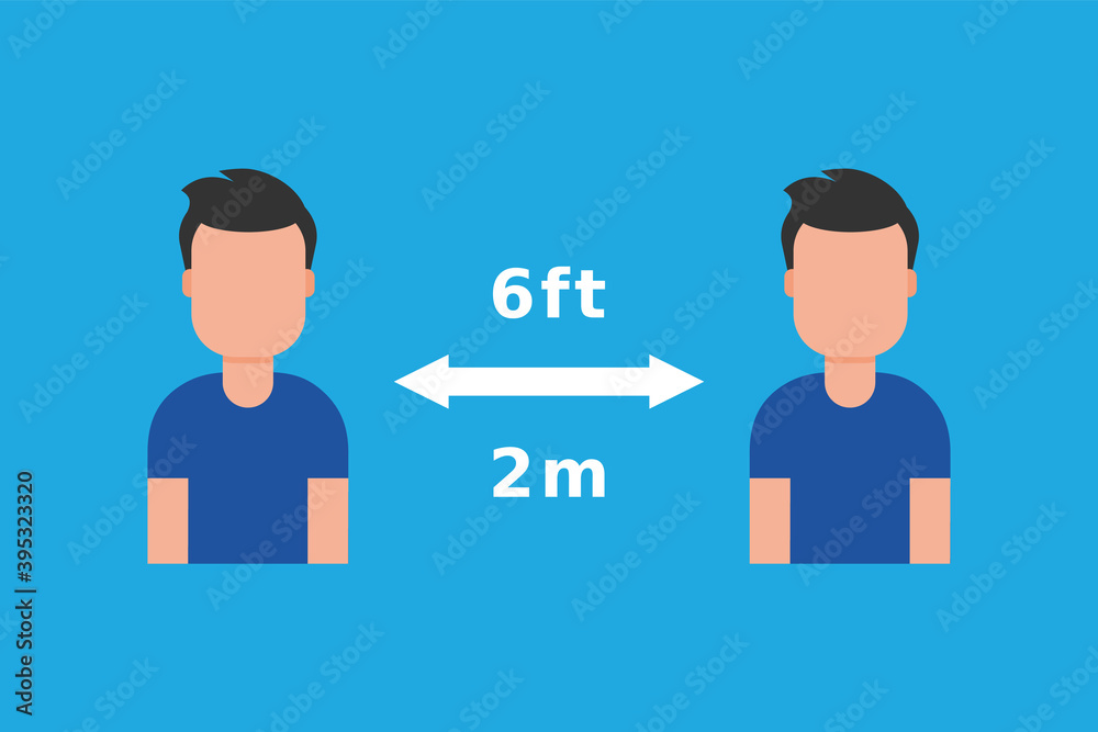 Keep your distance at least 2meters or 6 feet. Two young men in T-shirts. Social distancing sign to prevent virus spreading. Avoid crowding. Blue background. Vector illustration, flat style, clip art. Keep your distance at least 2meters or 6 feet. Two young men in T-shirts. Social distancing sign to prevent virus spreading. Avoid crowding. Blue background. Vector illustration, flat style, clip art.