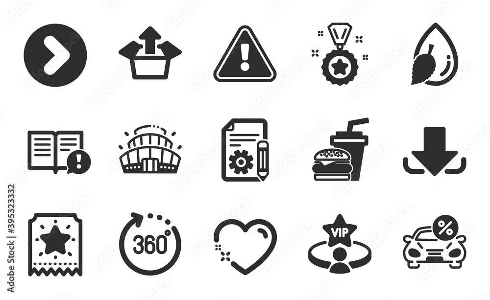 Facts, Documentation and Arena stadium icons simple set. Download, Vip table and Winner reward signs. Hamburger, Heart and Water drop symbols. Loyalty ticket, Forward and 360 degrees. Vector Facts, Documentation and Arena stadium icons simple set. Download, Vip table and Winner reward signs. Hamburger, Heart and Water drop symbols. Loyalty ticket, Forward and 360 degrees. Vector