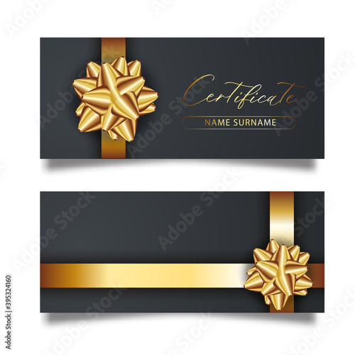 Set of luxury black cards with gold gift bows with ribbons.