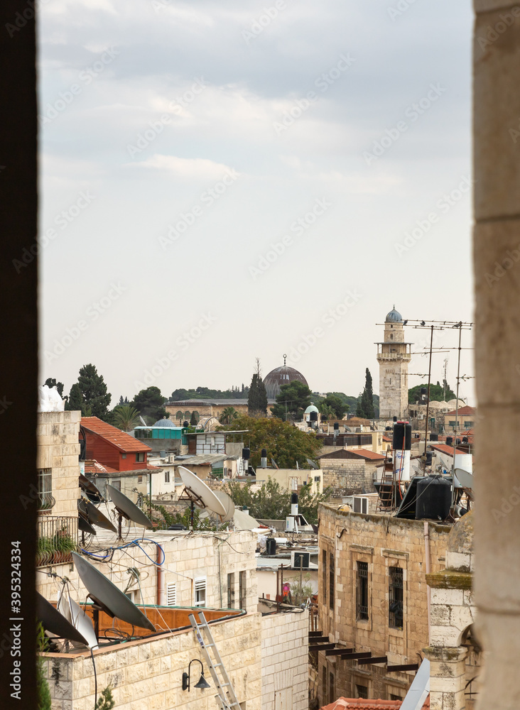 View from the Austrian Hospice window to the old city in the direction of the Temple Mount in the old city of Jerusalem in Israel