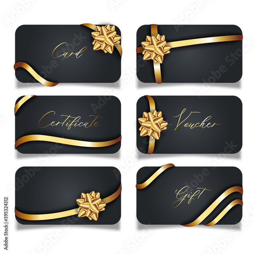 Set of luxury black cards with gold gift bows with ribbons.