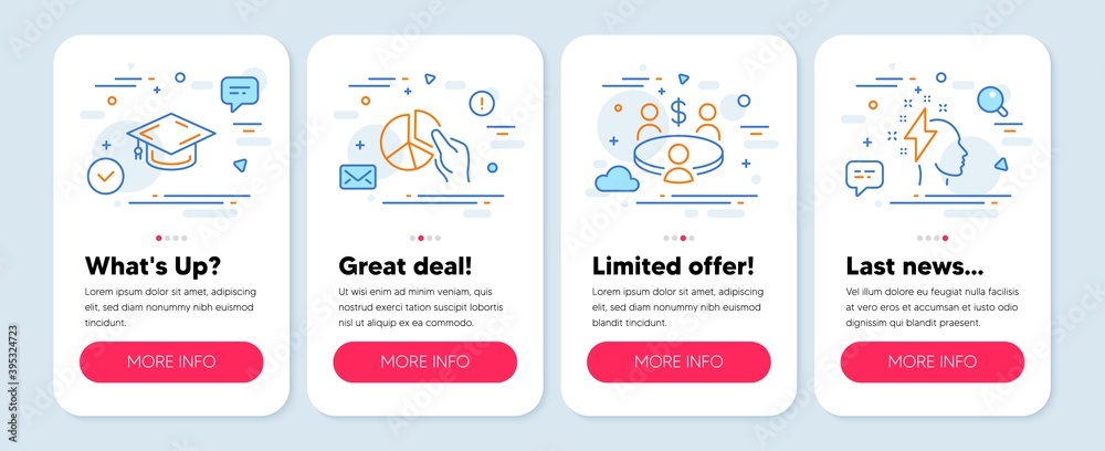 Set of Education icons, such as Graduation cap, Meeting, Pie chart symbols. Mobile screen mockup banners. Brainstorming line icons. University, Business collaboration, Presentation graph. Vector Set of Education icons, such as Graduation cap, Meeting, Pie chart symbols. Mobile screen mockup banners. Brainstorming line icons. University, Business collaboration, Presentation graph. Vector