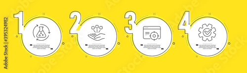 Seo targeting, Chemistry experiment and Consolidation line icons set. Timeline process infograph. Cogwheel sign. Performance, Laboratory flask, Strategy. Engineering tool. Science set. Vector