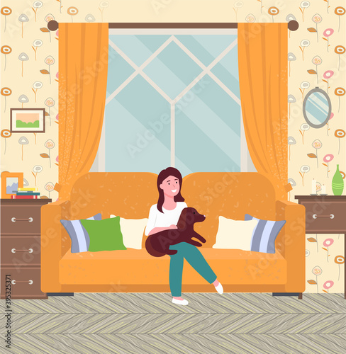 Girl holding her beloved dog, sitting on sofa with pillows room interior flat vector illustration. A small dachshund dog sits on his mistress s lap in living room. Pets in the apartment, animal care