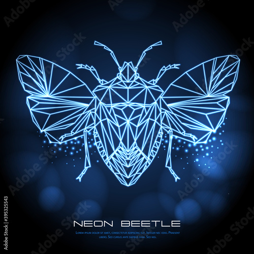 Abstract neon polygonal triangle shield bug. Bug neon sign. Entomological vector illustration photo