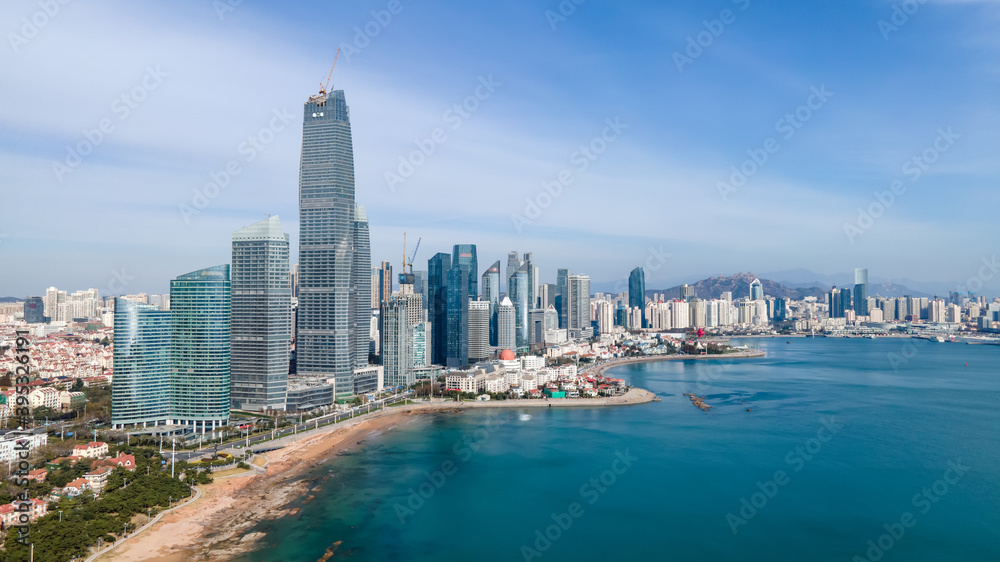 Naklejka premium Shandong Qingdao city coastline aerial photography