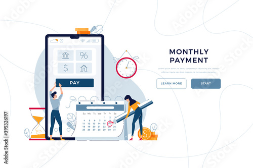 Monthly payment homepage template. Man pays regular fees online, woman makes notice in calendar. Keep up with monthly payments concept for web design. People in flat cartoon style, vector illustration