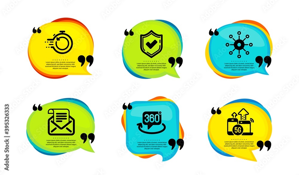 Fast recovery, Multichannel and Mail newsletter icons simple set. Speech bubble with quotes. Confirmed, 360 degree and 5g internet signs. Backup timer, Multitasking, Open e-mail. Vector