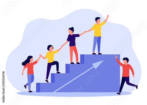 Business support and help group people, partnership concept. Climbing stairs together. Business team working for success and growing. Symbol of teamwork, cooperation. Vector illustration