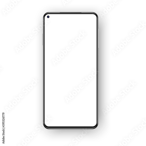 Realistic frameless phone mockup isolated on white background. Left placed selfie camera on the blank empty screen fro your content