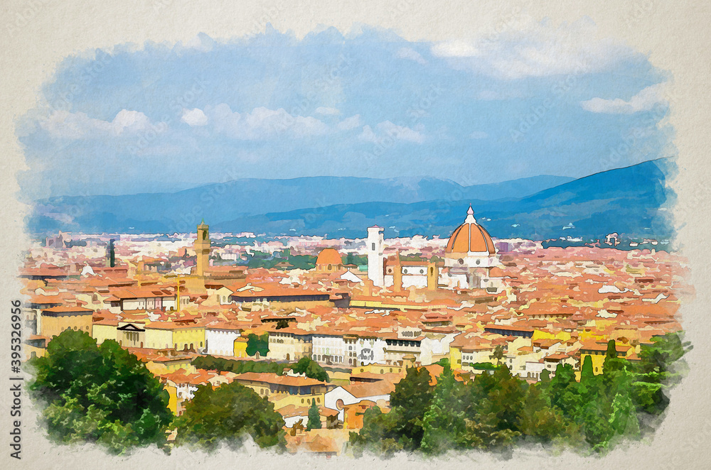 Watercolor drawing of Top aerial panoramic view of Florence city with Duomo Cattedrale di Santa Maria del Fiore cathedral