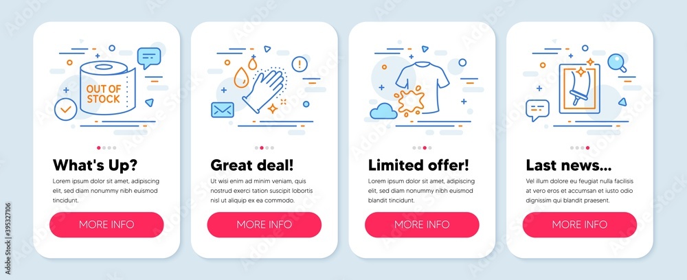 Set of Cleaning icons, such as Washing hands, Toilet paper, Dirty t-shirt symbols. Mobile app mockup banners. Window cleaning line icons. Gloves, Tissue roll, Laundry shirt. Vector