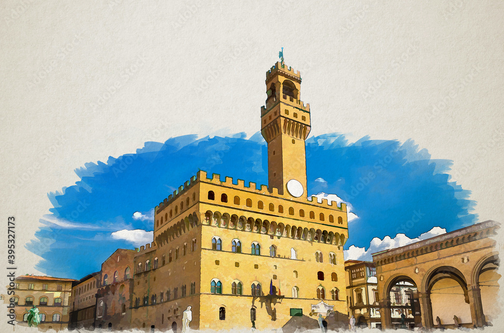Watercolor drawing of Palazzo Vecchio palace with bell tower and Loggia dei Lanzi on Piazza della Signoria square