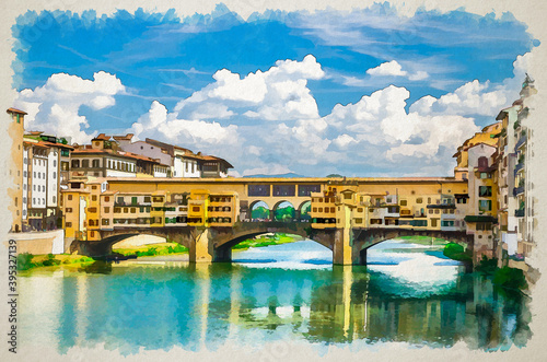 Watercolor drawing of Ponte Vecchio stone bridge with colourful buildings houses across Arno River