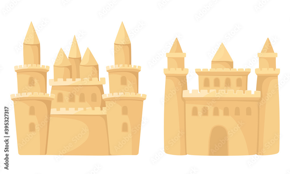 Built Sand Castle with Towers and Windows Vector Set