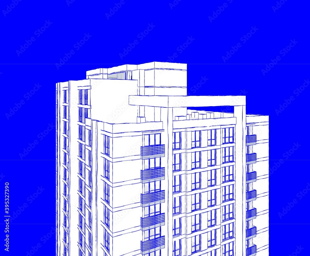 Abstract 3D illustration of a residence building facade. Close up view from top floors in hand sketch style. White building in blue background. Abstract 3D illustration of a residence building facade. Close up view from top floors in hand sketch style. White building in blue background.