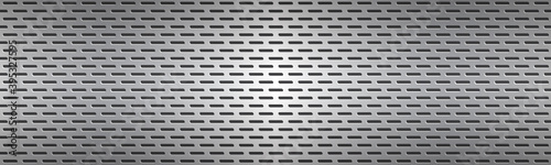 Structured silver perforated metal texture header. Aluminium grating. Abstract metallic banner. Vector illustration