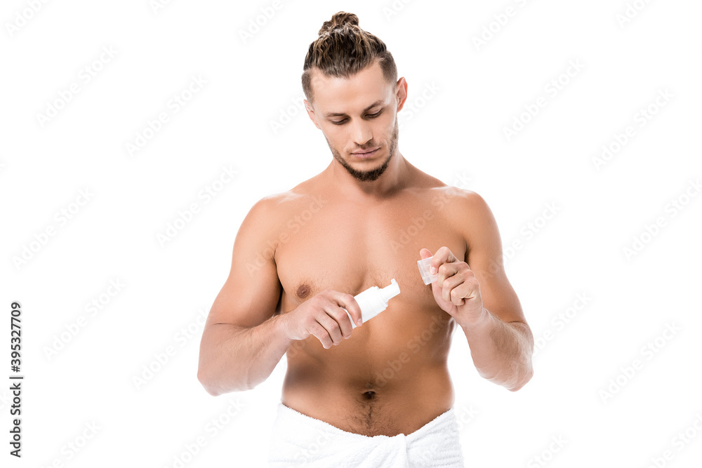 shirtless man in towel with foam isolated on white shirtless man in towel with foam isolated on white