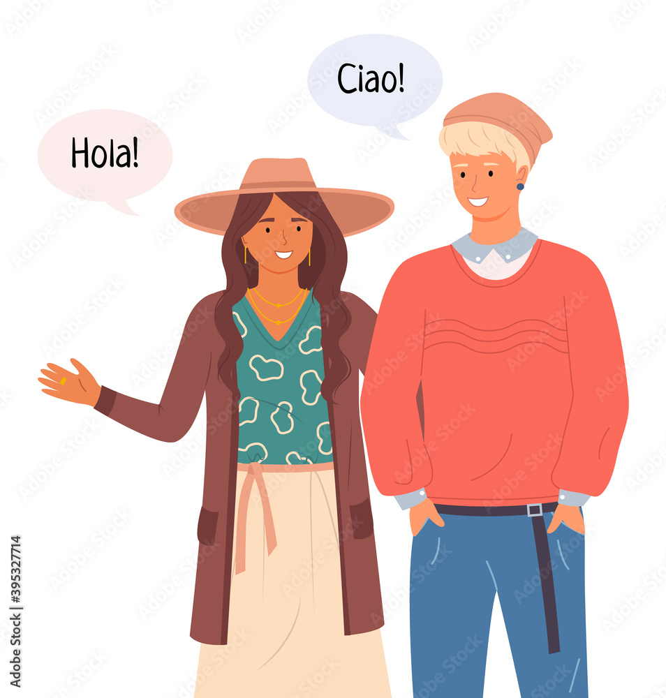 Young people in casual clothes talking Hello in different languages in chat bubble. Friends guy and girl portrait. Smiling man and woman standing straight. Italian and spanish student greet at meeting Young people in casual clothes talking Hello in different languages in chat bubble. Friends guy and girl portrait. Smiling man and woman standing straight. Italian and spanish student greet at meeting