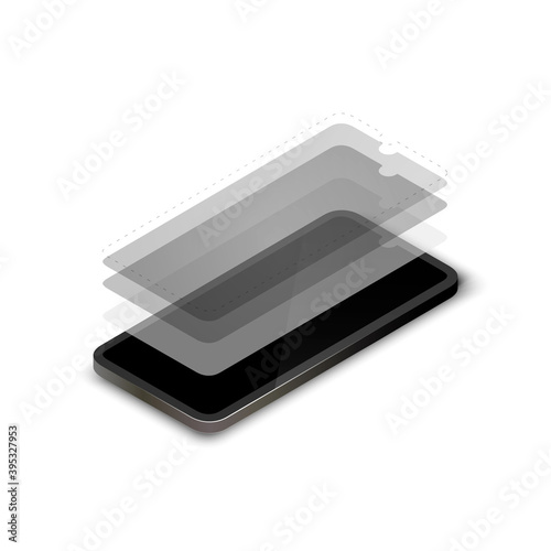illustration of smartphone screen layers. Technology screen sctructure, layered phone display. Isometric view