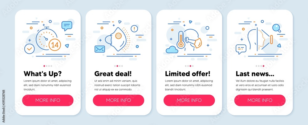Set of Medical icons, such as Sick man, Quarantine, Medical mask symbols. Mobile app mockup banners. Face id line icons. Epidemic protection, Self-isolate, Surgical mask. Phone scanning. Vector Set of Medical icons, such as Sick man, Quarantine, Medical mask symbols. Mobile app mockup banners. Face id line icons. Epidemic protection, Self-isolate, Surgical mask. Phone scanning. Vector