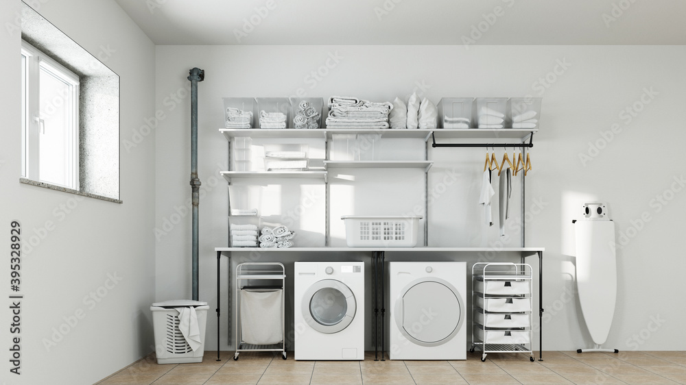Waschküche im Keller mit Waschmaschine und Trockner Stock Illustration |  Adobe Stock