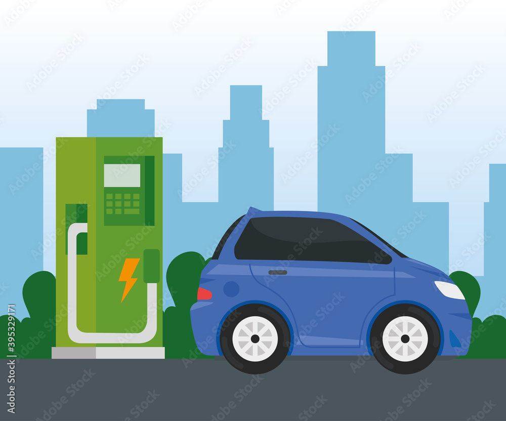 blue electric car ecology alternative in chargin station vector illustration design