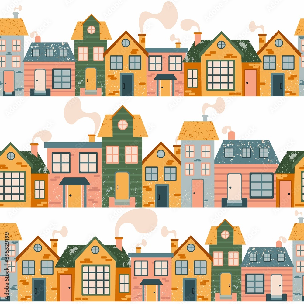 Cartoon Cottage seamless pattern. Hand drawn home facade street, townhouse and family house in countryside, urban border decor textile, wrapping paper wallpaper vector texture on white background