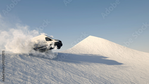 Lieferwagen fährt durch Schnee Düne im Winter