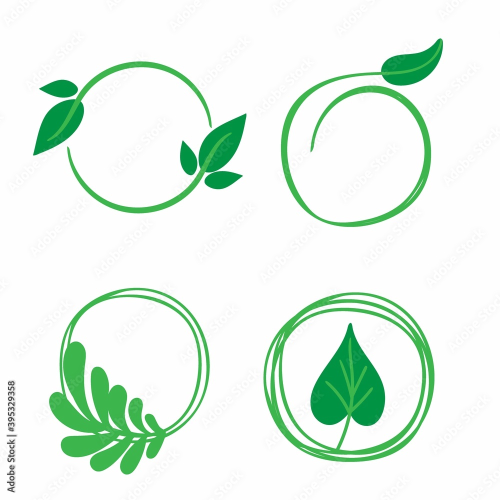 Eco labels. Oganic green circle frames with leaves and branches, bio products stamps, ecology friendly emblem set, quality product badge promotion decoration element hand drawn illustration Eco labels. Oganic green circle frames with leaves and branches, bio products stamps, ecology friendly emblem set, quality product badge promotion decoration element hand drawn illustration
