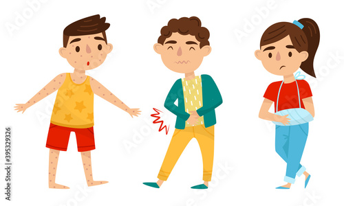 Little Boy and Girl Suffering from Stomachache and Chicken Pox Vector Set