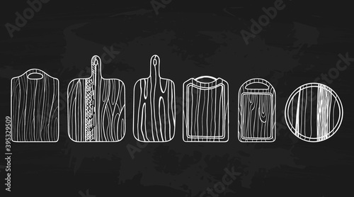 Cutting board set. Hand drawn boards, vintage kitchen wooden boards collection, white objects chalk drawing sketch style for chef barbeque restaurant and cafe menu, vector line isolated illustration