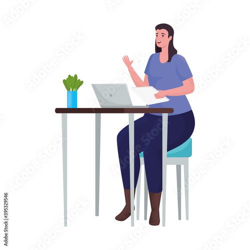 woman using laptop for meeting online in the desk vector illustration design