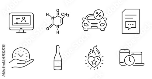 Comments, Heart flame and Champagne bottle line icons set. Time management, Car leasing and Safe time signs. Online video, Chemical formula symbols. Quality line icons. Comments badge. Vector