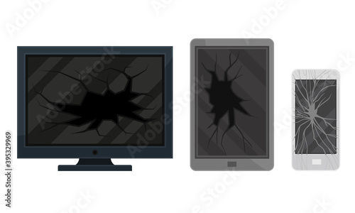 Broken Consumer Electronics with Cracked Television Screen and Smartphone Vector Set