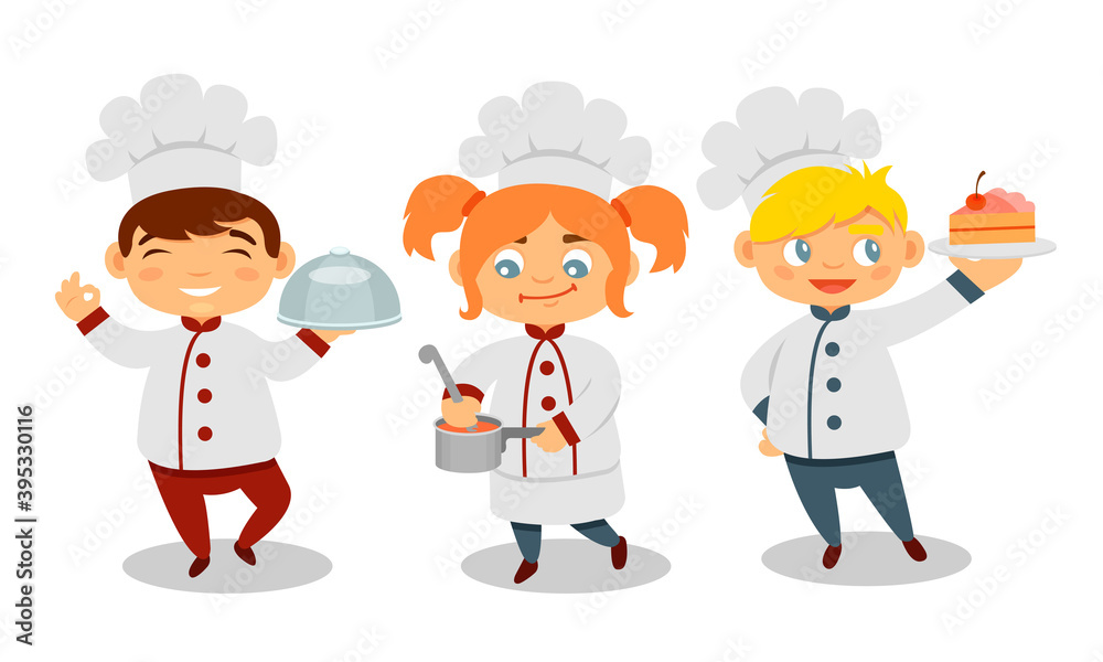 Cute Kids Chef in Hat Holding Soup and Cake Vector Set