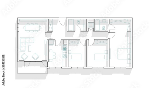 Illustration of three bedroom flat with balcony. 3 BHK architectural plan drawing with cyan colored furniture and shadows.