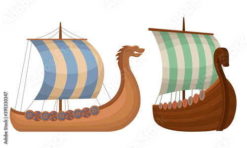 Viking Ship or Scandinavian Marine Vessels with Dragon Head Vector Set