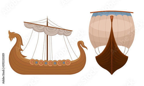 Scandinavian Marine Vessels or Viking Ship with Dragon Head Vector Set