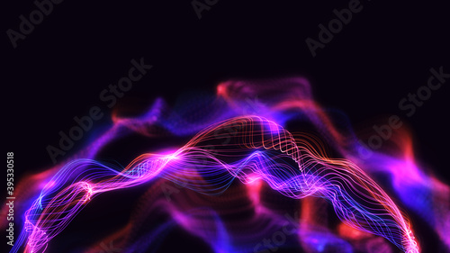 Bright glowing dynamic wavy background illustration artwork. Multi-colours line particles with beautiful bokeh. Digital 3d concept