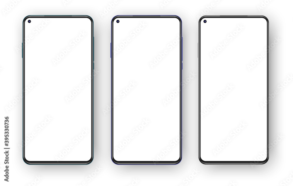 Set of three frameless phones mockup isolated on white background. Left placed selfie camera on the blank screen Set of three frameless phones mockup isolated on white background. Left placed selfie camera on the blank screen