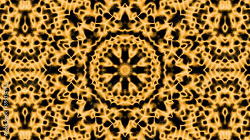 Abstract symmetric yellow kaleidoscope background pattern with fluffy elements
